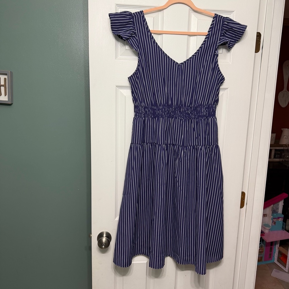 Elegant Navy Striped Midi Dress